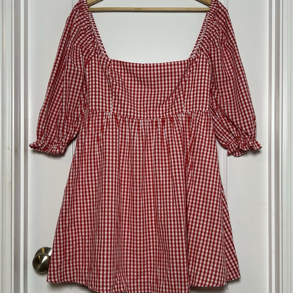 Beginning Boutique Rubi Red Gingham Puff Sleeve Square Neck Babydoll Mini Dress